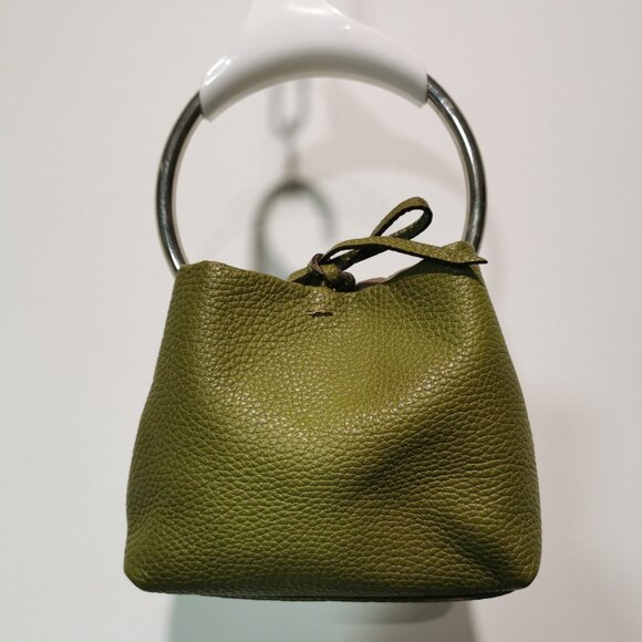Olive/Silver Pebbled Leather Satchel EUC #265 - Picture 2 of 8